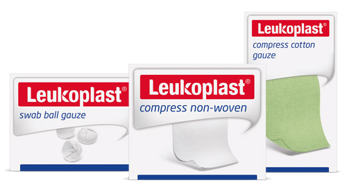 Pack shots of Leukoplast swab ball gauze, Leukoplast compress non-woven and compress cotton gauze. Pack shots of Leukoplast swab ball gauze, Leukoplast compress non-woven and compress cotton gauze.